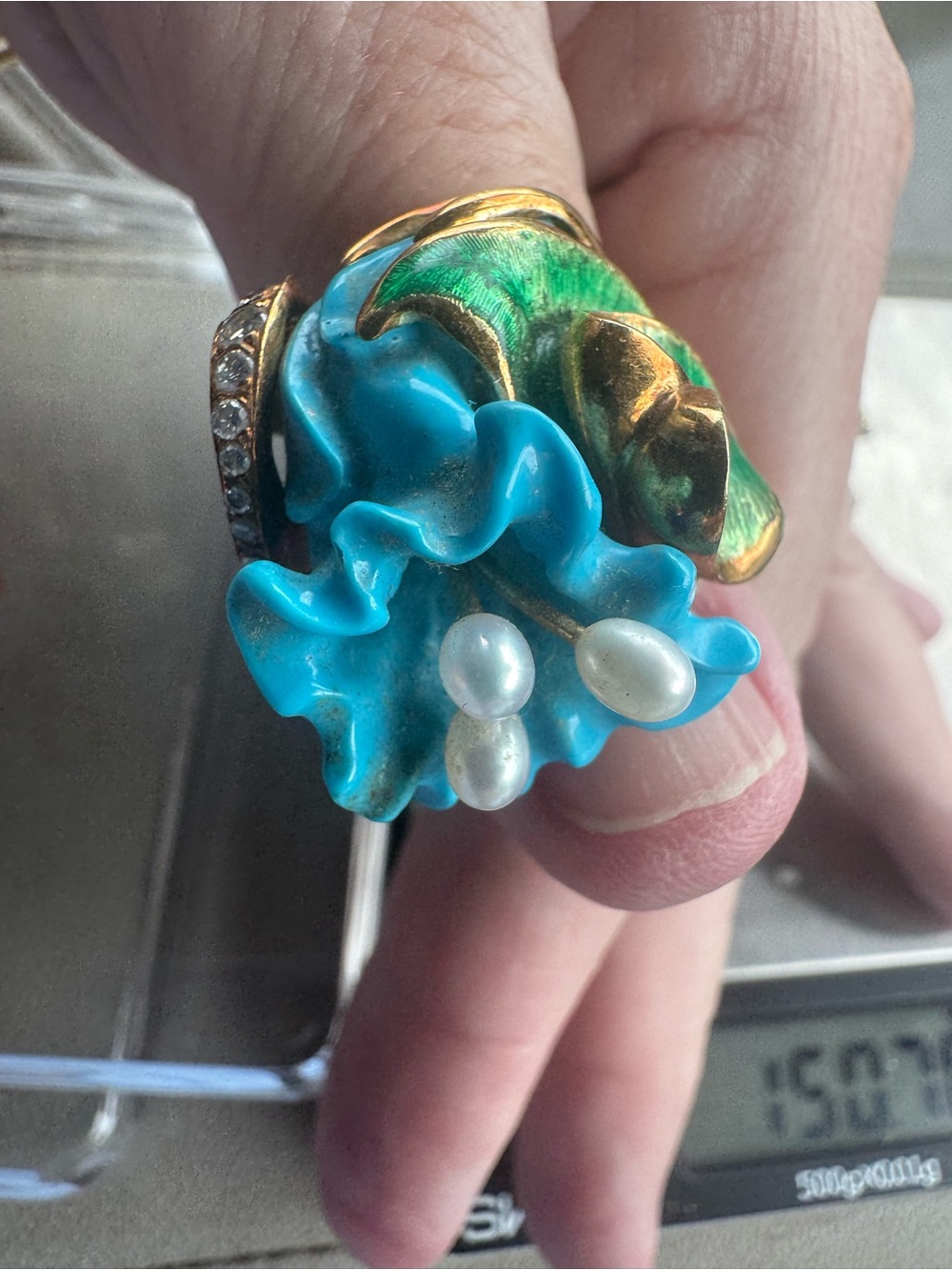 18K Pearl Diamond Enamel Flower Ring 25.64 Grams - Picture 12 of 12